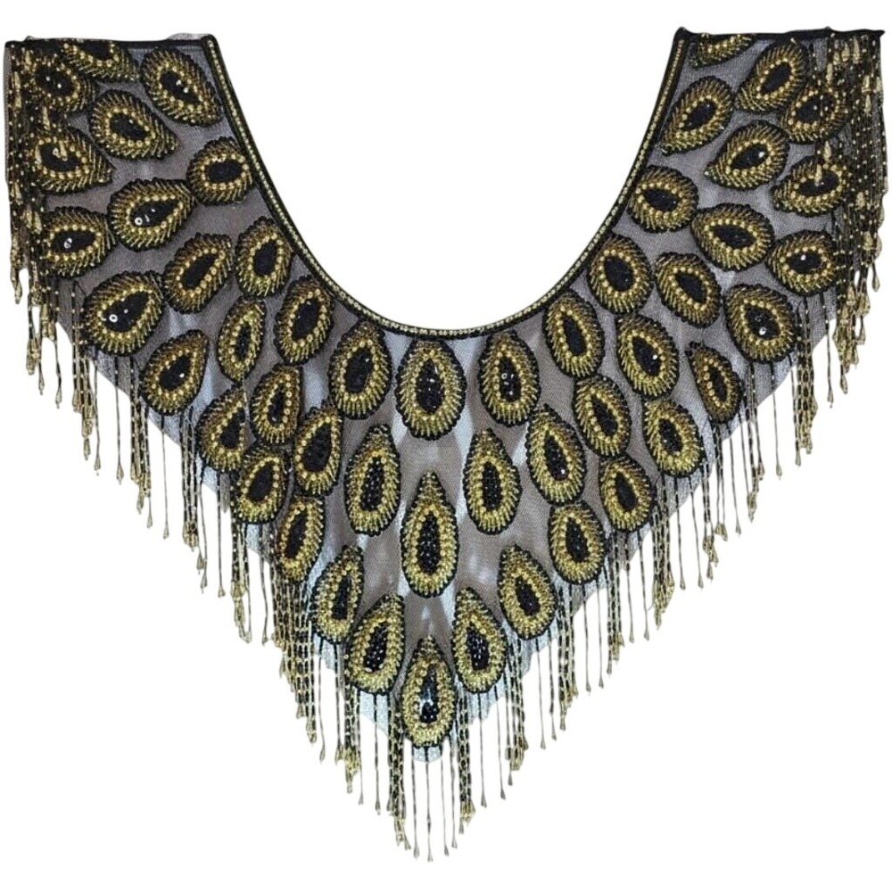 Unbranded Womens Beaded Peacock Fringe Collar Capelet Gold Black Mesh OS